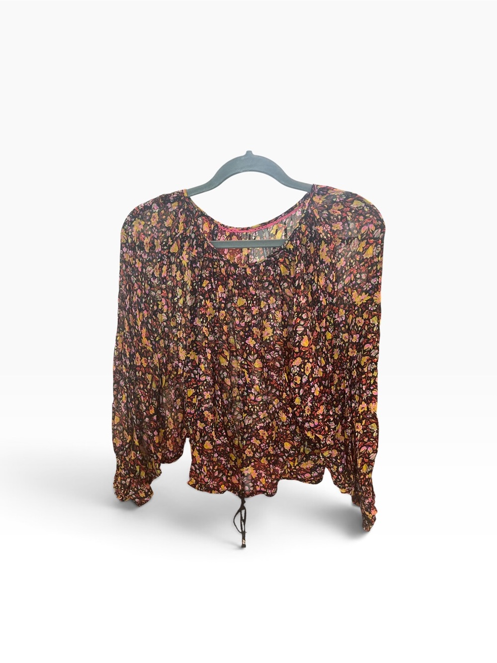 Anthropologie Black Floral Peasant Blouse with Pink & Yellow Accents